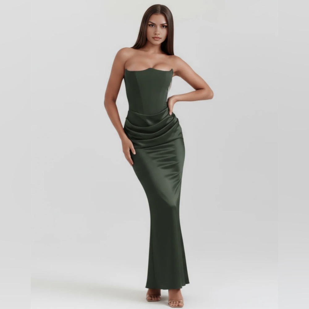 Forest green maxi dress with sculpted corset top